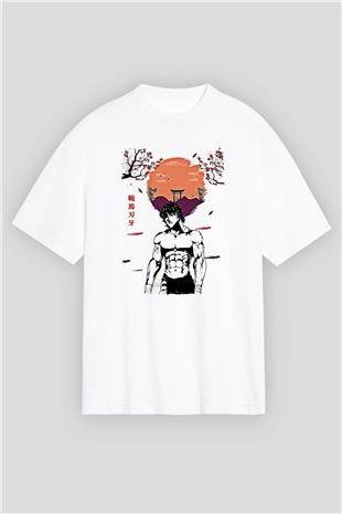 Baki The Grappler Baskılı Beyaz Unisex Oversize Tişört - Tshirt