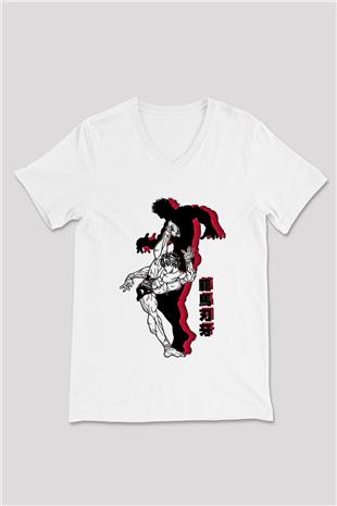 Baki The Grappler Baskılı Beyaz Unisex V Yaka Tişört - Tshirt
