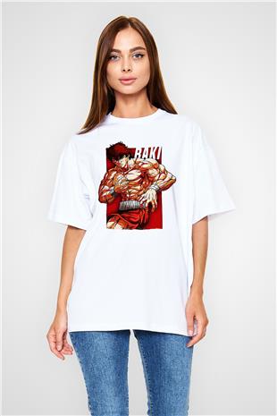 Baki The Grappler Baskılı Beyaz Unisex Oversize Tişört - Tshirt