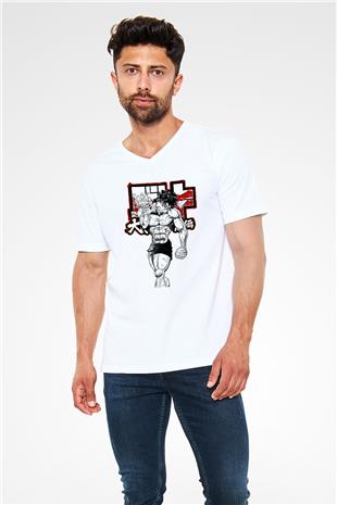 Baki The Grappler Baskılı Beyaz Unisex V Yaka Tişört - Tshirt