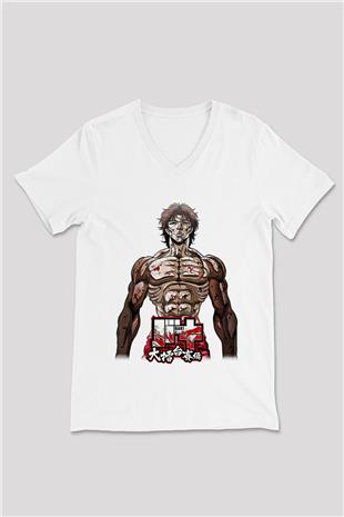 Baki The Grappler Baskılı Beyaz Unisex V Yaka Tişört - Tshirt