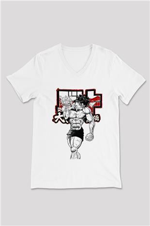 Baki The Grappler Baskılı Beyaz Unisex V Yaka Tişört - Tshirt