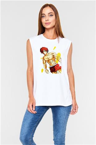 Baki The Grappler Baskılı Beyaz Unisex Kolsuz Tişört - Tshirt