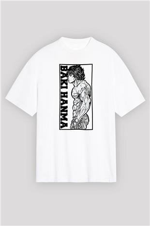 Baki The Grappler Baskılı Beyaz Unisex Oversize Tişört - Tshirt