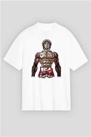 Baki The Grappler Baskılı Beyaz Unisex Oversize Tişört - Tshirt