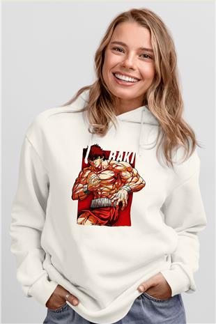 Baki The Grappler Baskılı Beyaz Unisex Hoodie