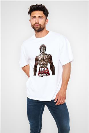 Baki The Grappler Baskılı Beyaz Unisex Oversize Tişört - Tshirt