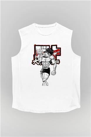 Baki The Grappler Baskılı Beyaz Unisex Kolsuz Tişört - Tshirt