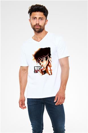 Baki The Grappler Baskılı Beyaz Unisex V Yaka Tişört - Tshirt