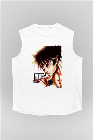 Baki The Grappler Baskılı Beyaz Unisex Kolsuz Tişört - Tshirt