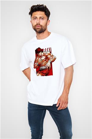 Baki The Grappler Baskılı Beyaz Unisex Oversize Tişört - Tshirt