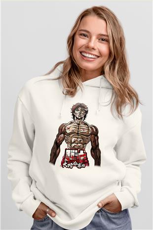 Baki The Grappler Baskılı Beyaz Unisex Hoodie