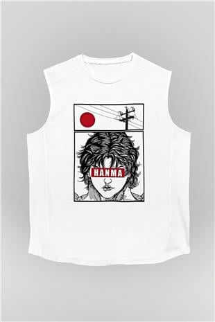 Baki The Grappler Baskılı Beyaz Unisex Kolsuz Tişört - Tshirt