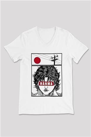 Baki The Grappler Baskılı Beyaz Unisex V Yaka Tişört - Tshirt