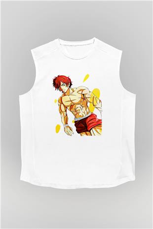 Baki The Grappler Baskılı Beyaz Unisex Kolsuz Tişört - Tshirt