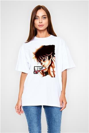 Baki The Grappler Baskılı Beyaz Unisex Oversize Tişört - Tshirt