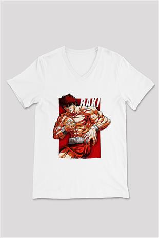Baki The Grappler Baskılı Beyaz Unisex V Yaka Tişört - Tshirt