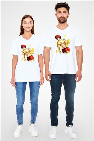 Baki The Grappler Baskılı Beyaz Unisex V Yaka Tişört - Tshirt