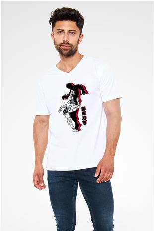 Baki The Grappler Baskılı Beyaz Unisex V Yaka Tişört - Tshirt