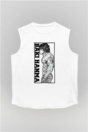 Baki The Grappler Baskılı Beyaz Unisex Kolsuz Tişört - Tshirt