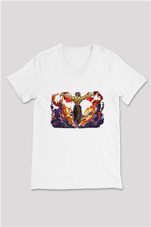 Baki The Grappler Baskılı Beyaz Unisex V Yaka Tişört - Tshirt