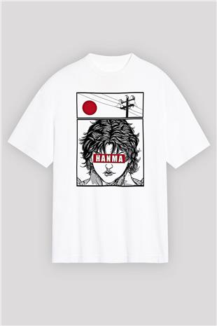 Baki The Grappler Baskılı Beyaz Unisex Oversize Tişört - Tshirt