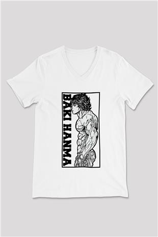 Baki The Grappler Baskılı Beyaz Unisex V Yaka Tişört - Tshirt