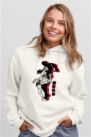 Baki The Grappler Baskılı Beyaz Unisex Hoodie