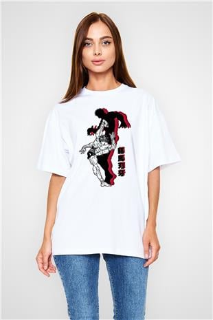 Baki The Grappler Baskılı Beyaz Unisex Oversize Tişört - Tshirt