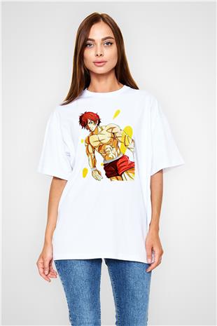 Baki The Grappler Baskılı Beyaz Unisex Oversize Tişört - Tshirt