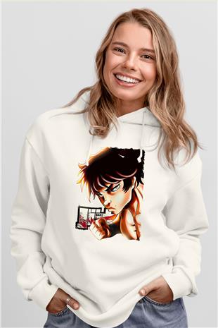 Baki The Grappler Baskılı Beyaz Unisex Hoodie
