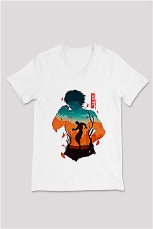 Baki The Grappler Baskılı Beyaz Unisex V Yaka Tişört - Tshirt