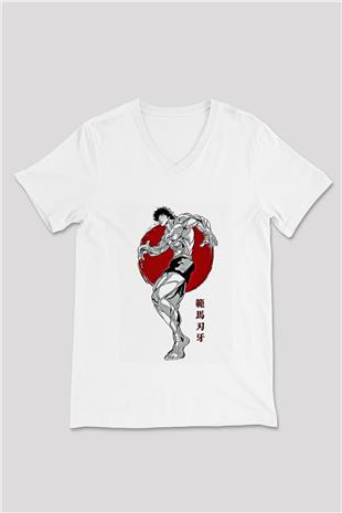Baki The Grappler Baskılı Beyaz Unisex V Yaka Tişört - Tshirt