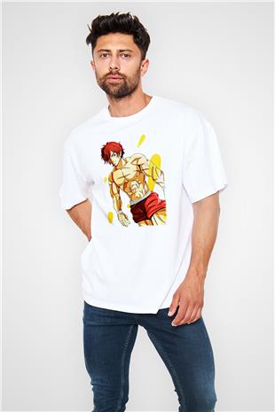 Baki The Grappler Baskılı Beyaz Unisex Oversize Tişört - Tshirt