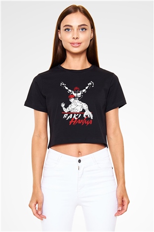 Baki The Grappler Baskılı Siyah Crop Top Kadın Tişört - Tshirt