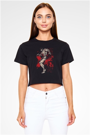 Baki The Grappler Baskılı Siyah Crop Top Kadın Tişört - Tshirt