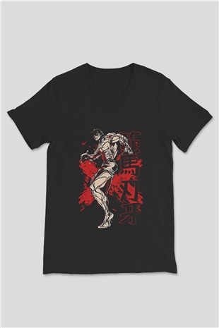 Baki The Grappler Baskılı Unisex Siyah V Yaka Tişört - Tshirt