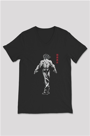 Baki The Grappler Baskılı Unisex Siyah V Yaka Tişört - Tshirt