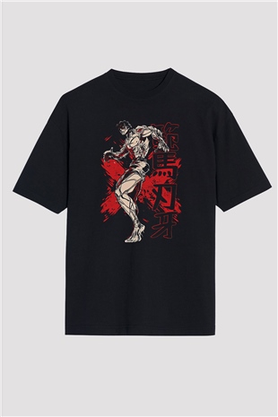 Baki The Grappler Baskılı Unisex Siyah Oversize Tişört - Tshirt