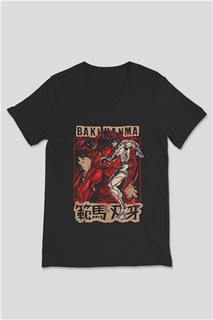 Baki The Grappler Baskılı Unisex Siyah V Yaka Tişört - Tshirt
