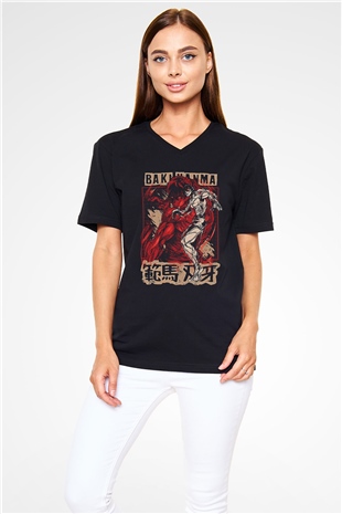 Baki The Grappler Baskılı Unisex Siyah V Yaka Tişört - Tshirt