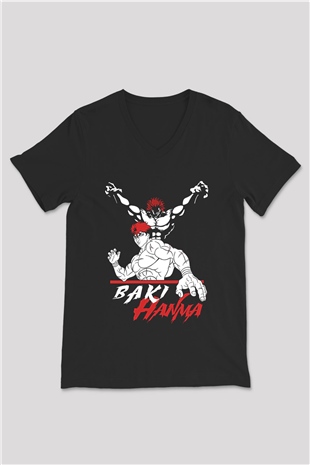 Baki The Grappler Baskılı Unisex Siyah V Yaka Tişört - Tshirt