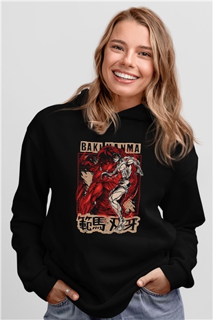 Baki The Grappler Baskılı Unisex Siyah Hoodie