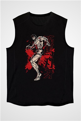 Baki The Grappler Baskılı Unisex Siyah Kolsuz Tişört - Tshirt
