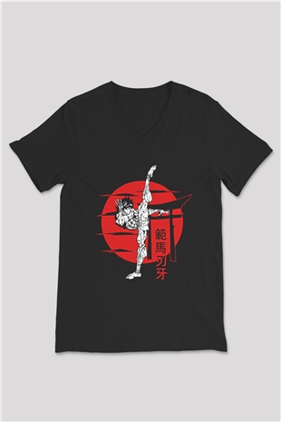Baki The Grappler Baskılı Unisex Siyah V Yaka Tişört - Tshirt