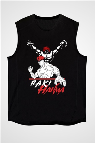 Baki The Grappler Baskılı Unisex Siyah Kolsuz Tişört - Tshirt