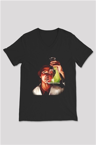 Bakteriyolog Siyah Unisex V Yaka Tişört T-Shirt
