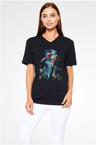 Bakteriyolog Siyah Unisex V Yaka Tişört T-Shirt