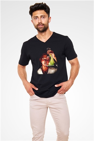 Bakteriyolog Siyah Unisex V Yaka Tişört T-Shirt