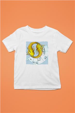 Balık Burcu Baskılı Beyaz Unisex Beyaz Çocuk Tişört - Tshirt